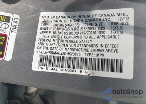 2013 Honda Cr-V Lx from USA, damaged, VIN 2HKRM4H32DH620875